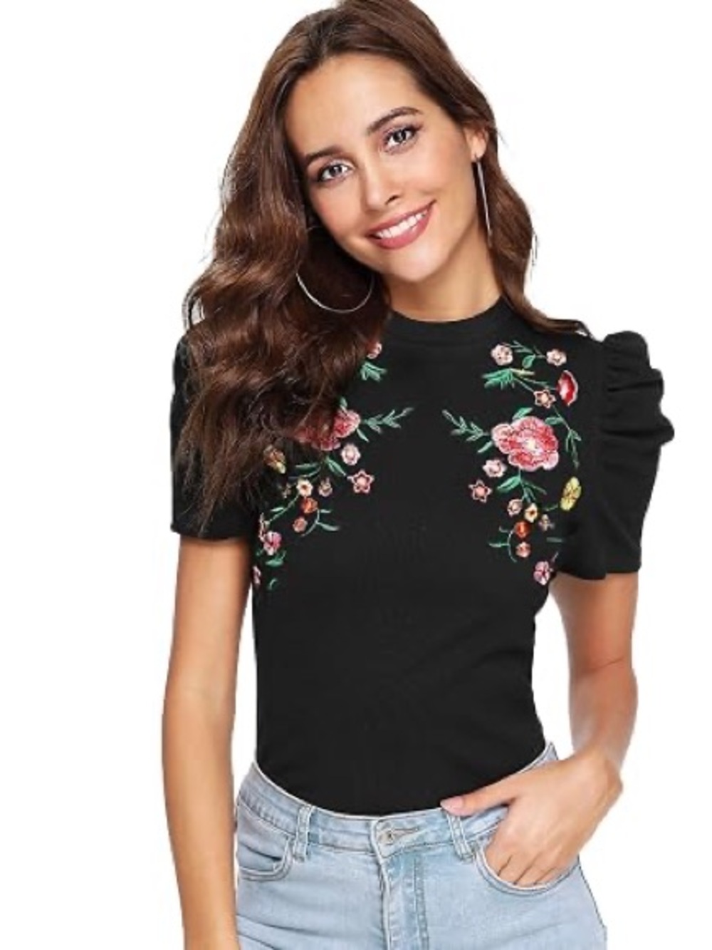 Black Puff-Sleeve Tee with Floral Embroidery